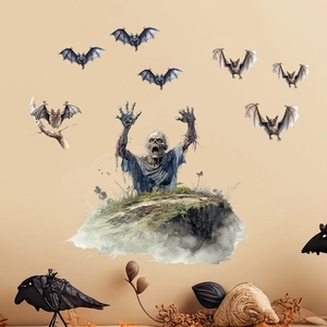 Realistic Halloween wall sticker set featuring crawling zombies, bats, and crows on walls