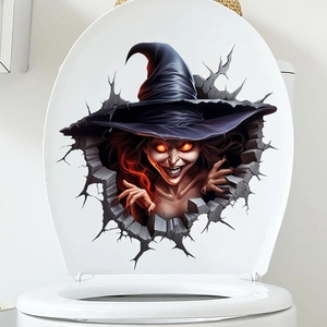 Halloween 3D toilet sticker featuring scary witch breaking through white surface