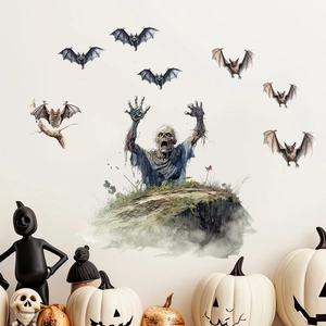 Halloween wall sticker with realistic zombie and black bats for home spooky decoration