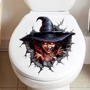 Close-up of 3D Halloween witch toilet lid decal with glowing red eyes and purple hat