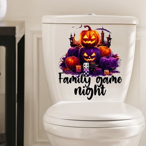 Detail of Halloween ghost castle pumpkin toilet sticker with Family Game Night text