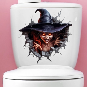 3D realistic witch sticker with purple hat appearing through a broken wall crack on a toilet