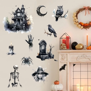 Detail of Halloween wall decals featuring haunted house and skulls in watercolor style