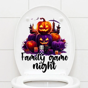 Detail of Halloween toilet sticker with pumpkins, castle and Family Game Night text