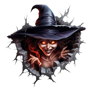 Detailed 3D witch wall sticker showing a spooky face breaking through a grey brick wall