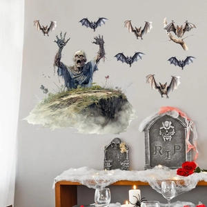Detailed zombie and bats wall decals displayed with Halloween props on a grey wall decoration