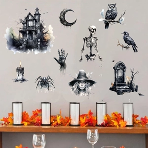 Detailed Halloween wall stickers featuring watercolor haunted house, witch and pumpkin design