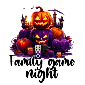 Detail of Halloween wall sticker featuring stacked pumpkins, dice, and spooky castle silhouette