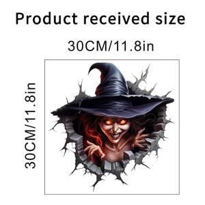 3D Halloween wall decal showing witch breaking through wall with size 30x30cm specifications