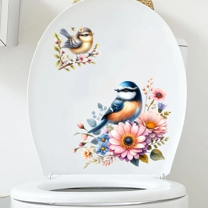 Waterproof bird and flower wall stickers applied to a white toilet lid bathroom decor