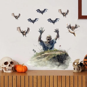 Halloween wall sticker set featuring a zombie and flying bats for living room decoration
