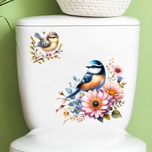 Detail view of bird and flower waterproof wall stickers applied on white ceramic surface