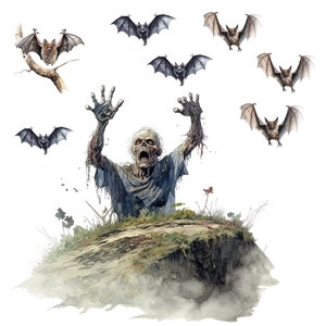 Halloween zombie emerging from tomb with bats self-adhesive wall sticker for home decor