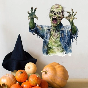Detail of Halloween zombie wall sticker with pumpkin and witch hat decor on white wall