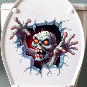 Detailed 3D zombie toilet lid sticker with glowing orange eyes and blood splatters