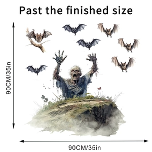 Detail showing 90x90cm Halloween wall sticker with zombie and bats for home decor