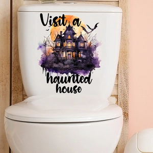 Halloween toilet sticker with haunted castle and full moon in purple and orange