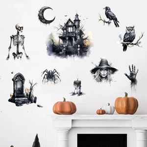 Halloween wall sticker set featuring gothic castle pumpkins and skeleton for home decor
