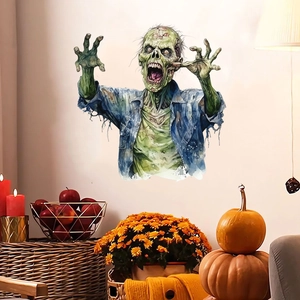 Detail of a creepy watercolor zombie wall sticker for realistic Halloween home decor