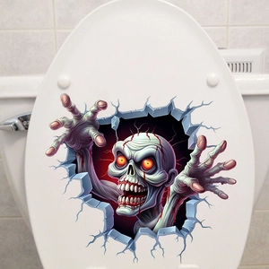 3D realistic zombie wall sticker peeling off from a white toilet lid for Halloween decor