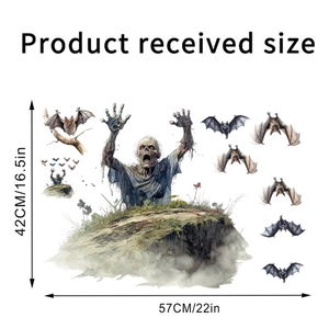Detailed size chart for Halloween zombie wall stickers with bats, 57x42cm dimensions
