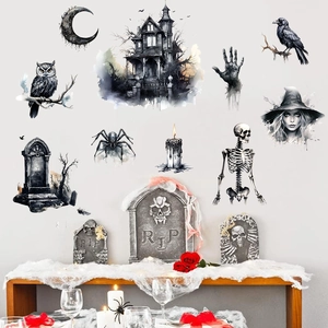 Halloween wall decals featuring haunted castle, pumpkin, and owls in hand-painted watercolor style