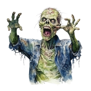 Scary Halloween zombie wall sticker with green skin and blue shirt on white background