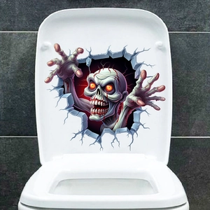 Detailed 3D Halloween toilet sticker showing a scary zombie with glowing orange eyes
