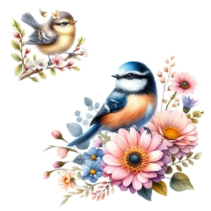 Detailed hand-painted waterproof wall stickers with realistic birds and colorful floral motifs