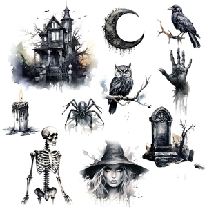 Gothic Halloween wall decals featuring haunted castle pumpkins and spooky watercolor icons
