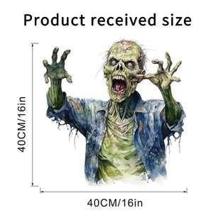Detailed view showing a 40cm watercolor zombie wall sticker with product dimensions