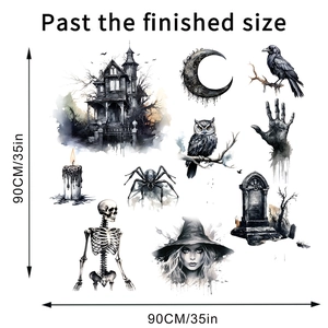 Detail of Halloween wall decals showing ghost house, skulls and pumpkins in ink style