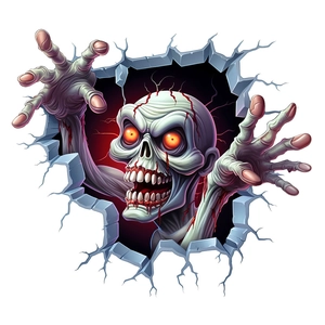 Detailed 3D Halloween wall sticker showing a scary zombie breaking through the wall surface