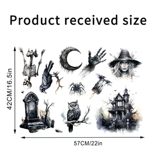 Detailed Halloween stickers layout featuring castle, pumpkin, and skeletons 57x42cm