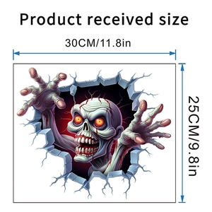 Detail of 30x25cm waterproof 3D zombie wall sticker showing size specs and high-res print