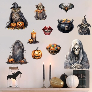 Halloween wall stickers set with skeletons and pumpkins for spooky living room decoration