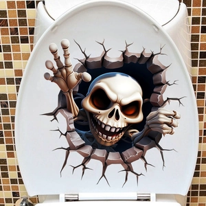 3D realistic skull and skeleton hands bursting out of a white toilet lid wall sticker