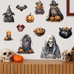 Halloween wall stickers featuring skeletons, pumpkins and bats on a white living room wall