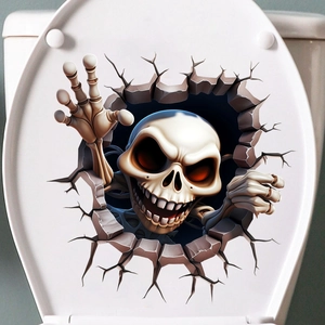 Detailed 3D Halloween toilet sticker showing a cartoon skull breaking through a cracked wall