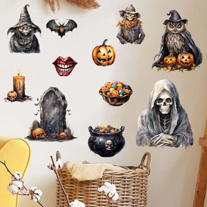 Halloween Wall Sticker Watercolor Pumpkin Skeleton Wizard Owl Bat Scarecrow Removable PVC Holiday Decal Living Room Decor