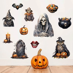 Detailed Halloween wall stickers featuring hand-drawn pumpkins, bats and scarecrow motifs