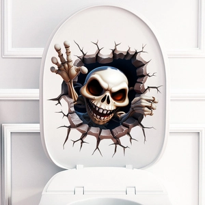 3D effect waterproof Halloween wall sticker with a skull emerging from cracks on a toilet lid
