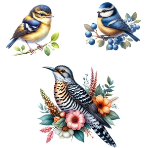 Detailed realistic bird and floral wall stickers showing magpies and berries