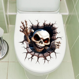 3D skull wall decal with broken wall effect peeling off the bathroom toilet lid
