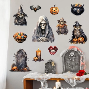 Detailed Halloween wall decal set with wizard skeleton, pumpkin and bats on gray wall