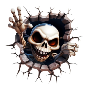 3D cartoon skeleton wall sticker showing an angry skull emerging from a cracked stone wall