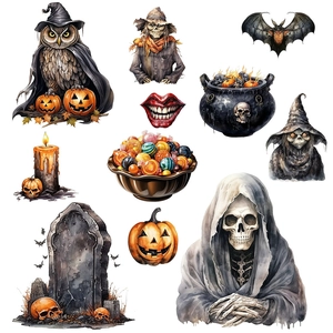 Halloween wall stickers featuring watercolor pumpkin skull owl and scarecrow illustrations