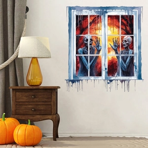 Halloween window sticker featuring watercolor zombies in a blue frame for wall decor