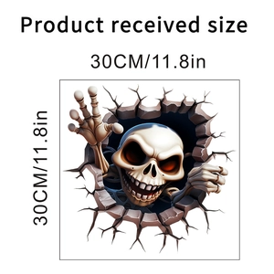 Detailed 30x30cm macro view of Halloween 3D skull wall sticker with size dimensions