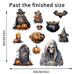 Detail showing self-adhesive Halloween wall stickers with skeletons and pumpkin designs